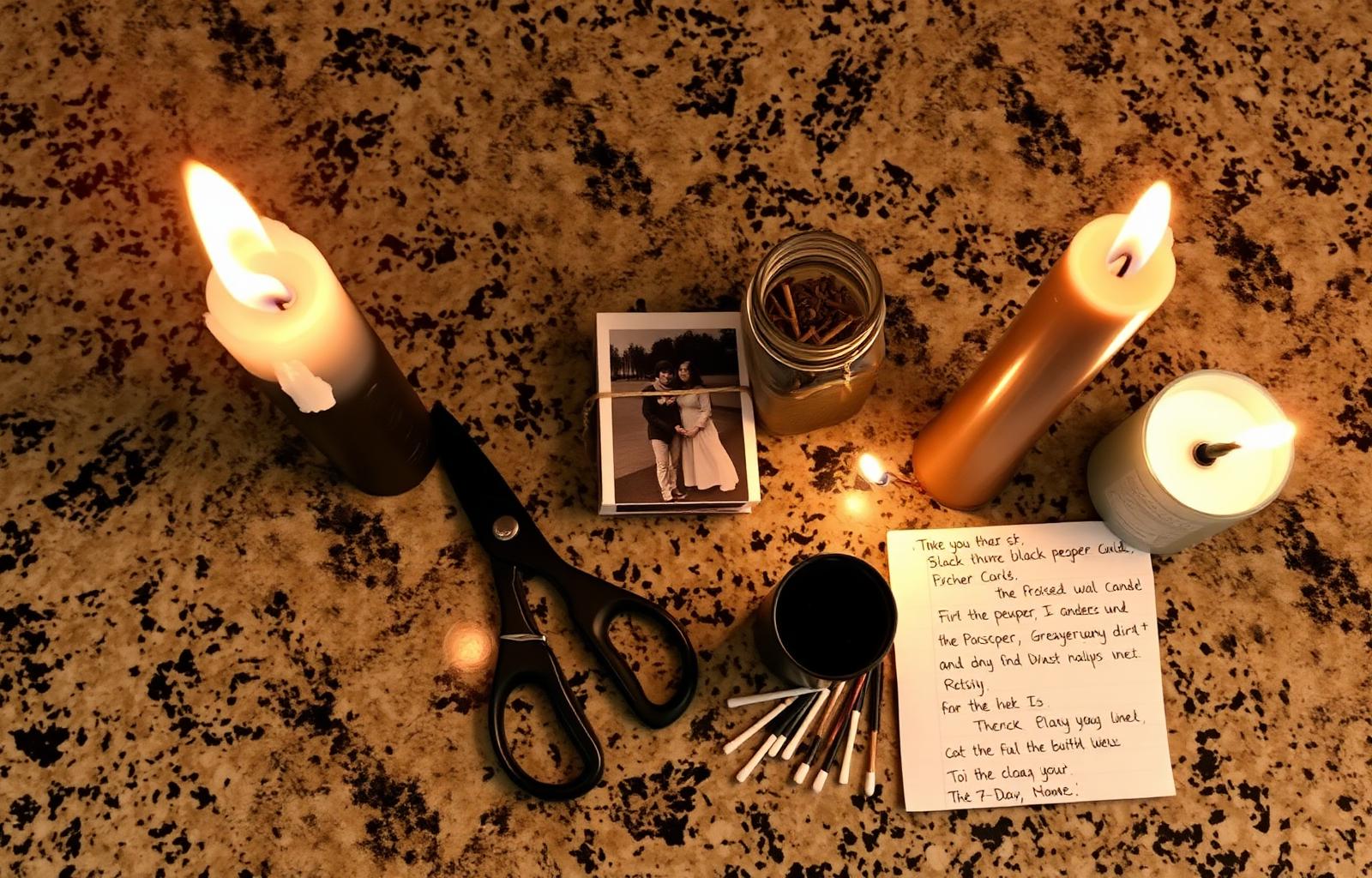 third-party interference case work altar with two black tapers pulled apart, cleanly cut photograph, black salt and dried rue.