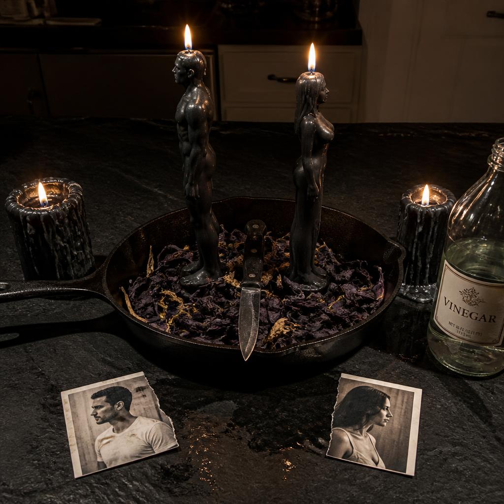 Separation altar with two figure candles and a cut cord