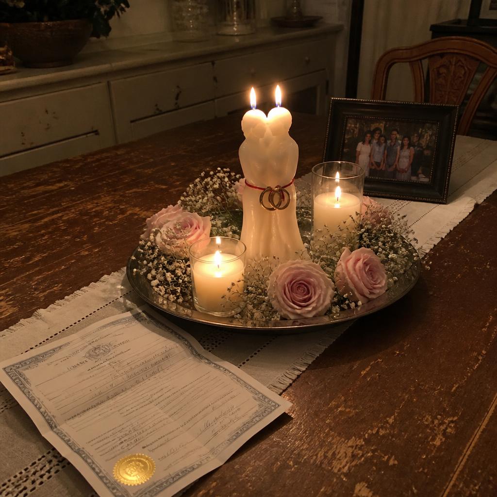 Marriage reconciliation spell altar to bring a spouse back — bound candles, wedding band, photograph and prayer.