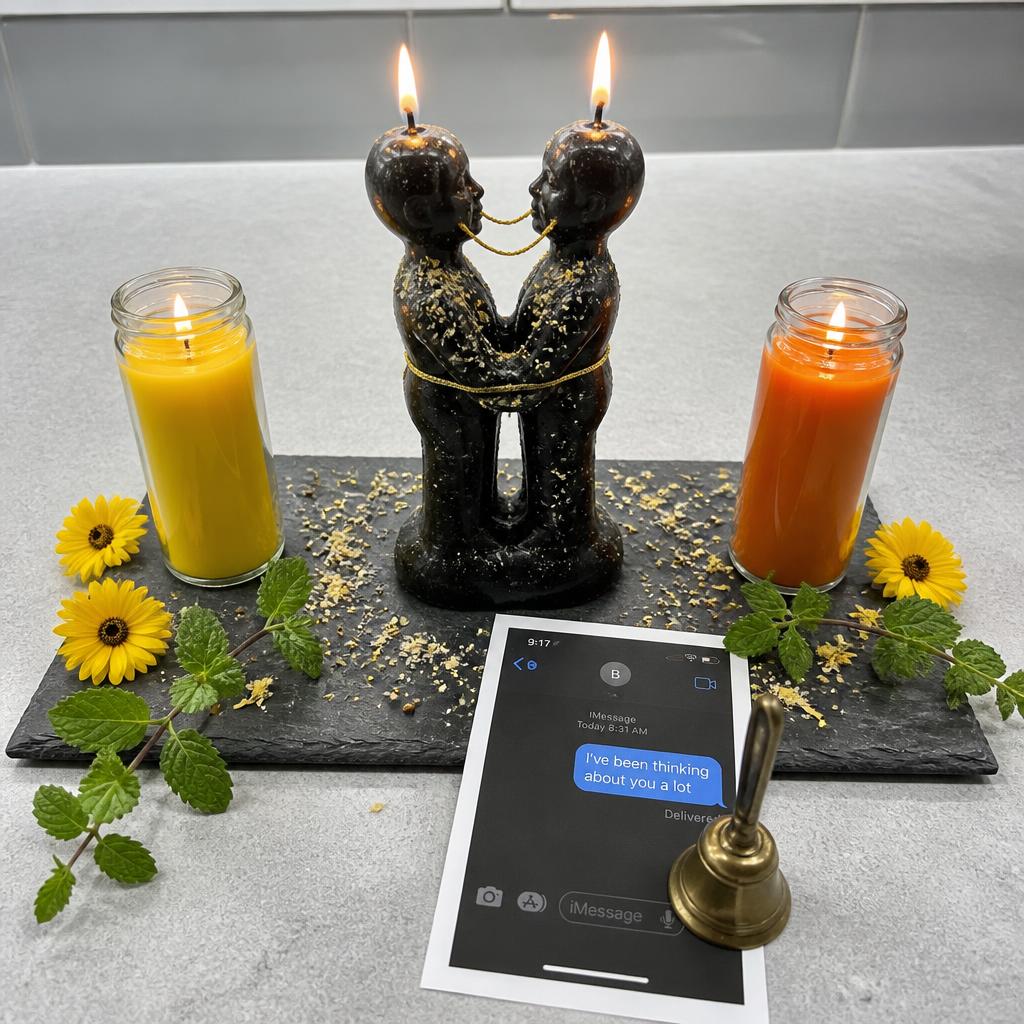 Beth's Communication Case Work altar with yellow taper, honey jar, rosemary, lavender and brass bell.