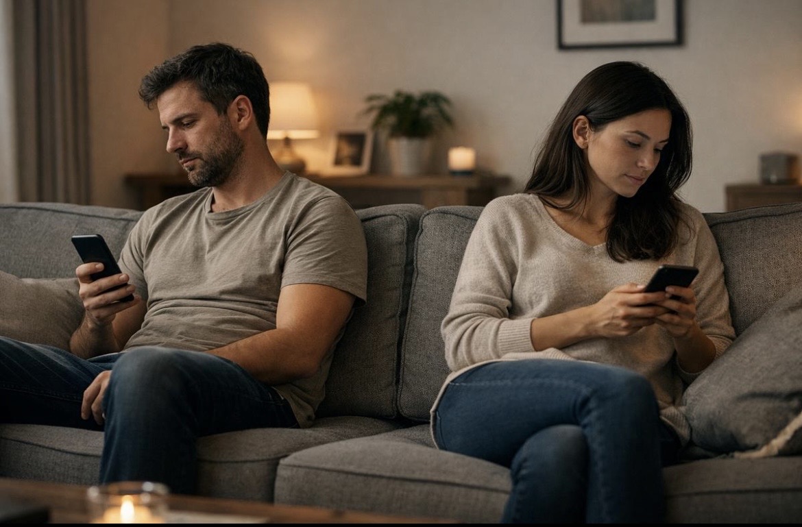 A couple sitting on the couch facing away from each other on their phones