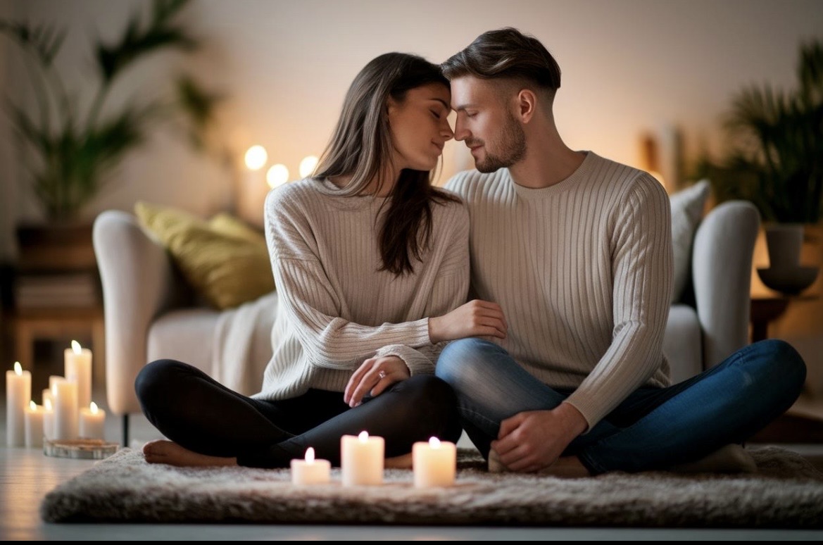 A couple sitting forehead to forehead by candlelight after reconciling