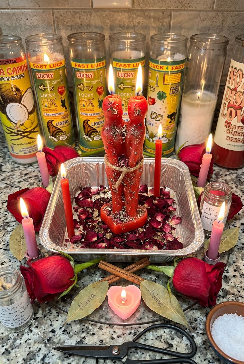 A second handcrafted altar prepared by Beth — joined lovers candle bound in jute twine, surrounded by roses, herbs, honey jar and red vigil candles.