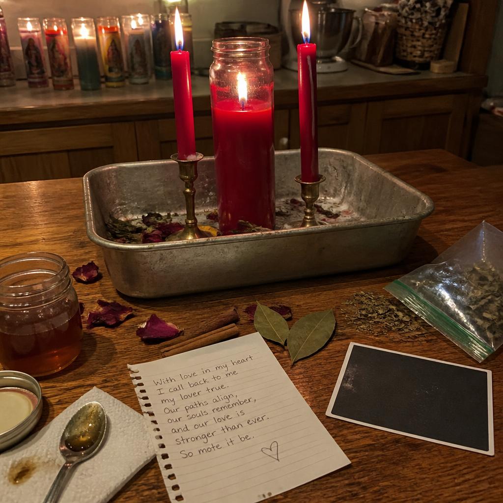 Beth's ex-back reconciliation altar with bound tapers, honey jar and petition.