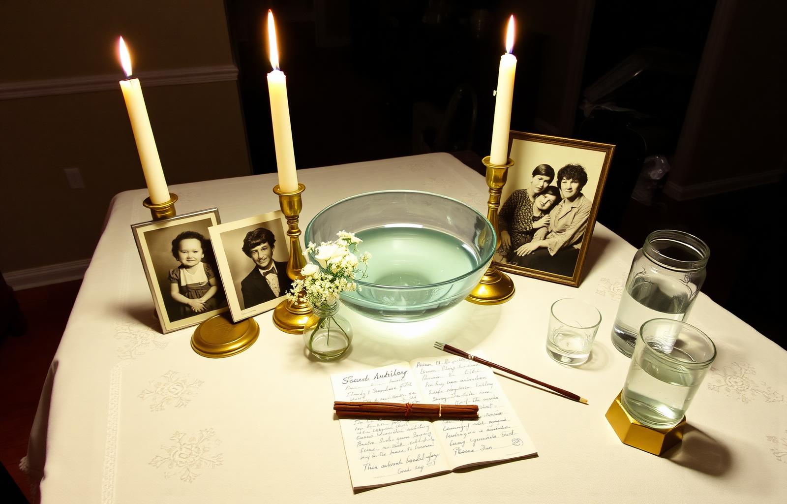 Generational Clearing Case Work spell altar in an aluminum pan with vigil, crimson tapers, ancestor figure candle, family photographs, herbs and a handwritten petition.