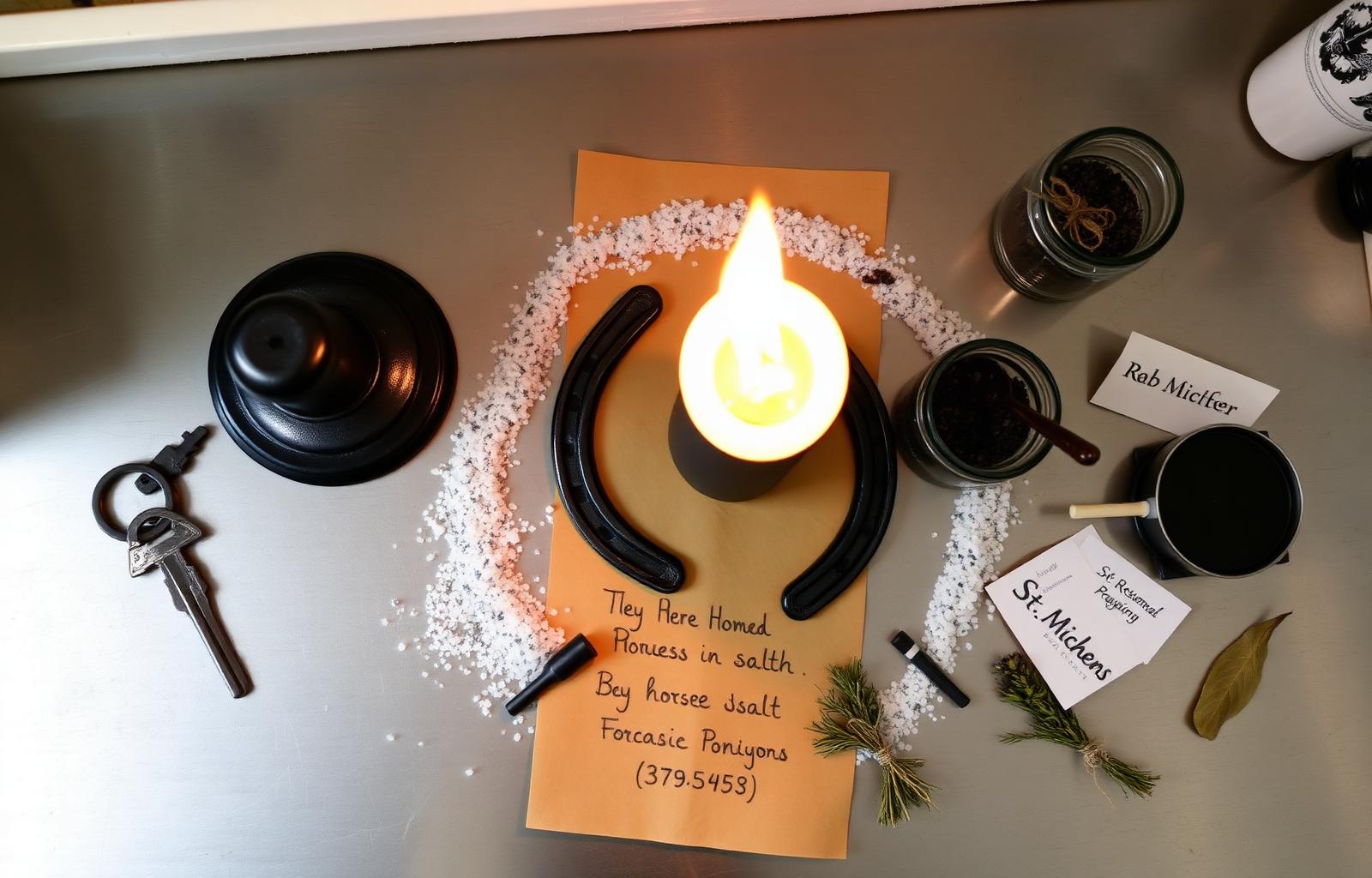 Home and relationship protection spell altar with blue and crimson pillars, couple figure candle, brass house key, tourmaline, mirror, herbs and petition.