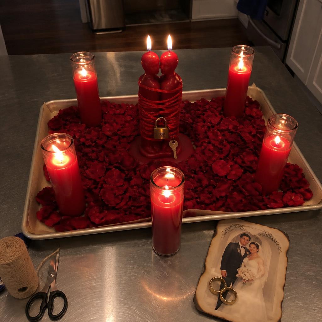 Marriage-lock altar with lovers candle and wedding photo