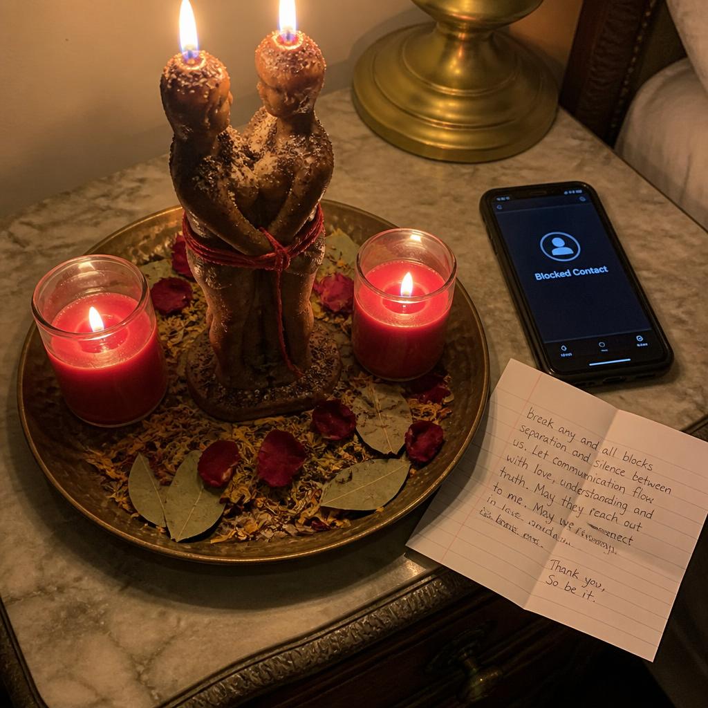 No contact breaker spell altar with bound black and red tapers, brass key, honey jar and bay leaf petition.