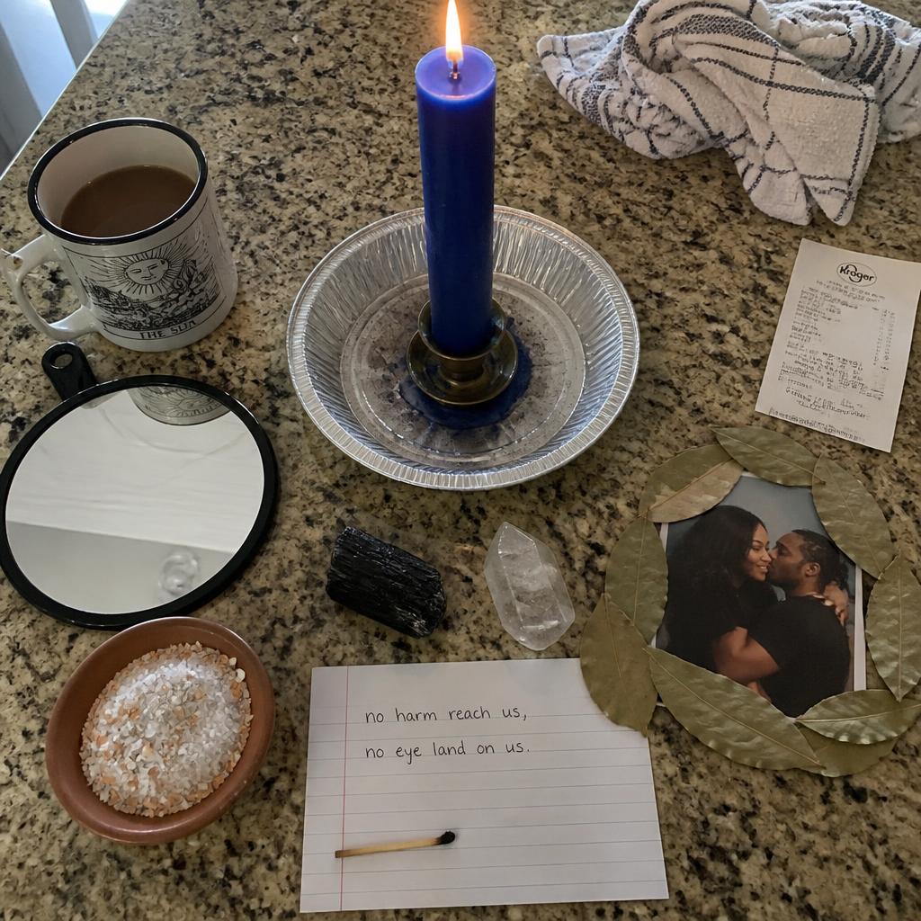Protection spell altar from a rival with blue pillar, handheld mirror, sea salt, tourmaline, quartz and bay-ringed couple photograph.