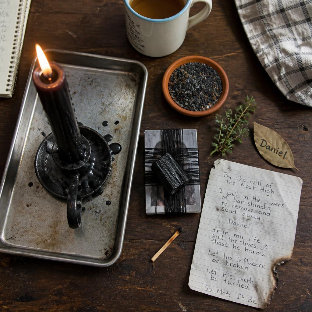 third-party interference case work / other man spell altar with black pillar in iron holder, bound photograph, tourmaline, black salt and rue.