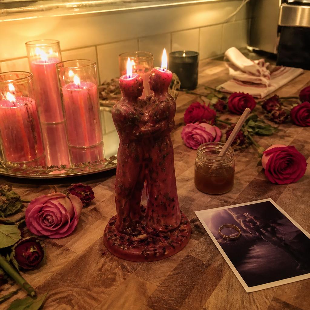 Lovers candle altar prepared for return-of-lover casting
