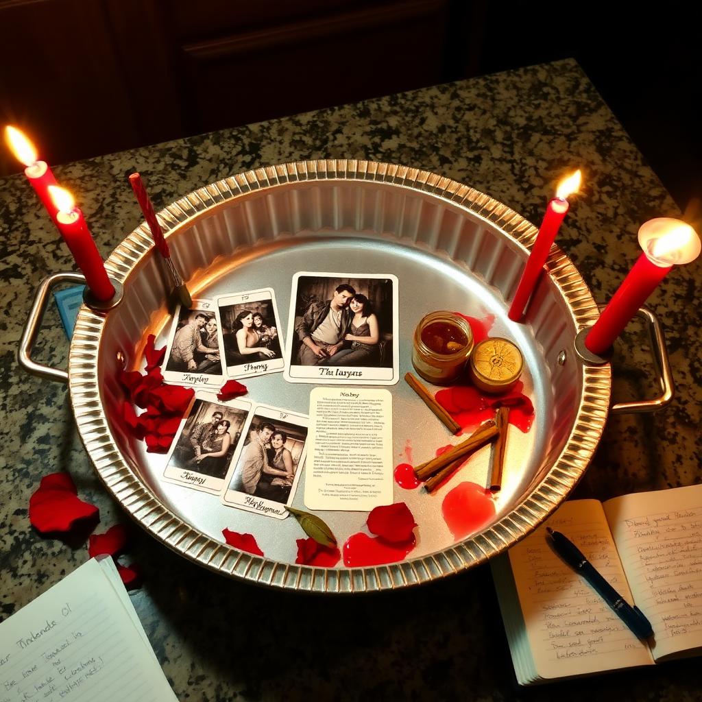 Return my lover tarot reading in an aluminum pan with seven-card spread, couple photograph, red tapers, honey jar and herbs.