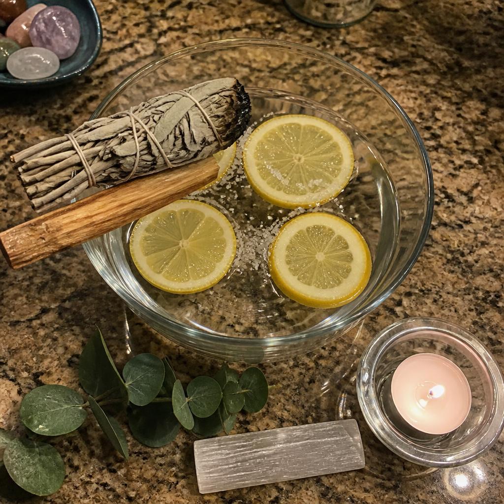 Cleansing altar with hyssop bath, white candle and soap
