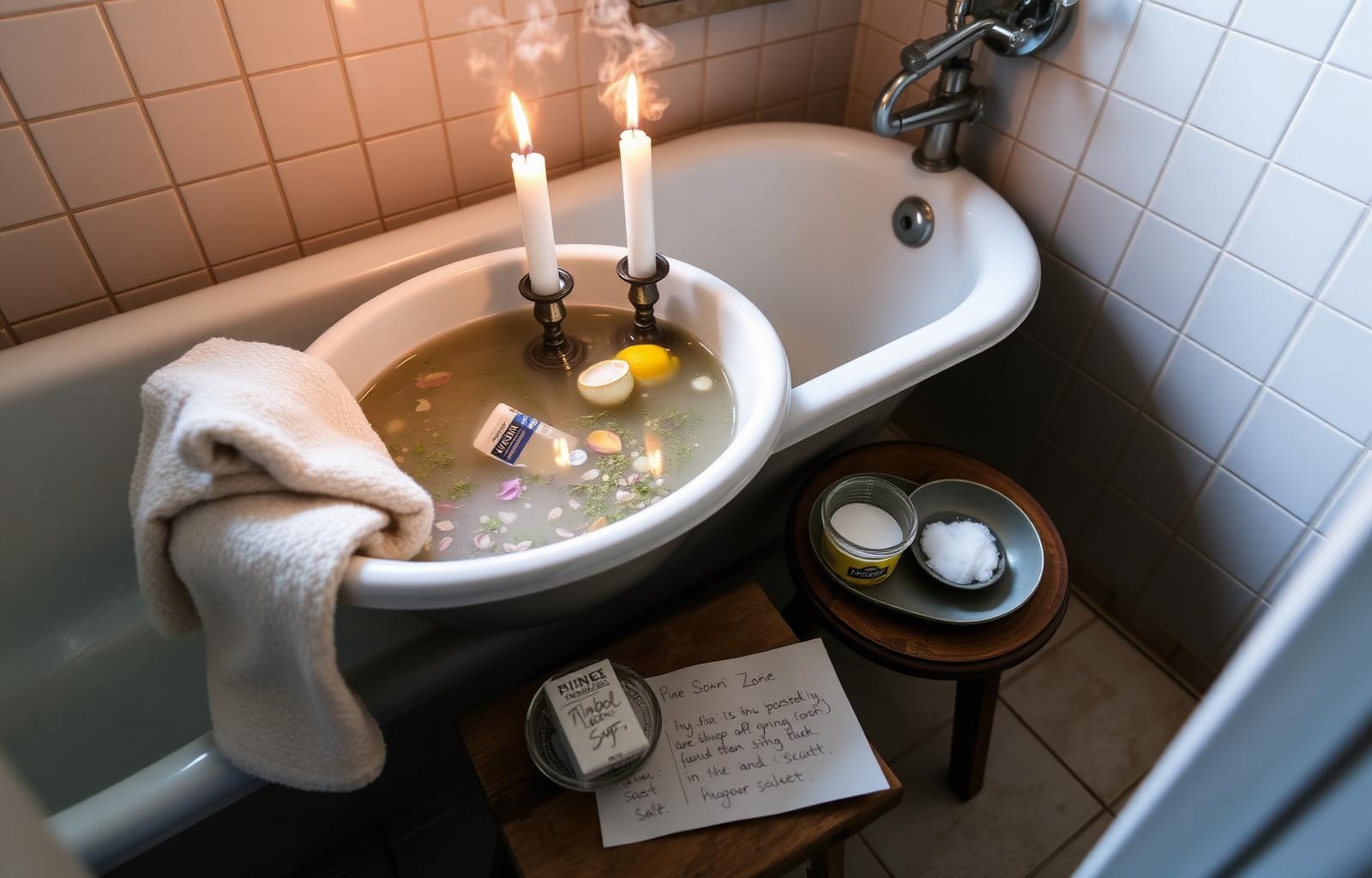 Spiritual cleansing ritual altar with white taper, salt water bowl, smoldering sage, rosemary and lavender.
