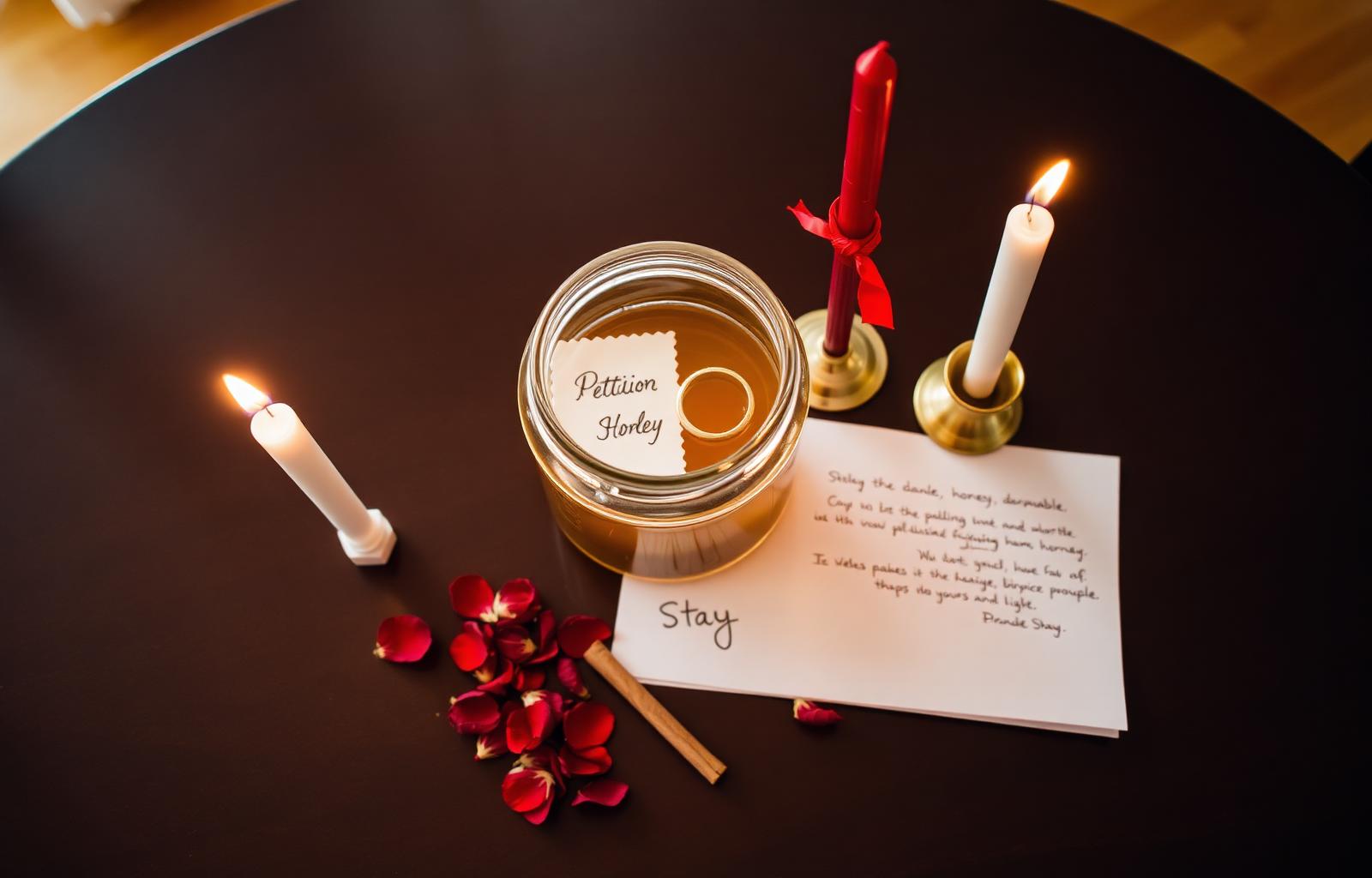 Marriage Crisis spell altar with white vigil and tapers, twine-wrapped honey jar, wedding bands, white roses and bay leaves.