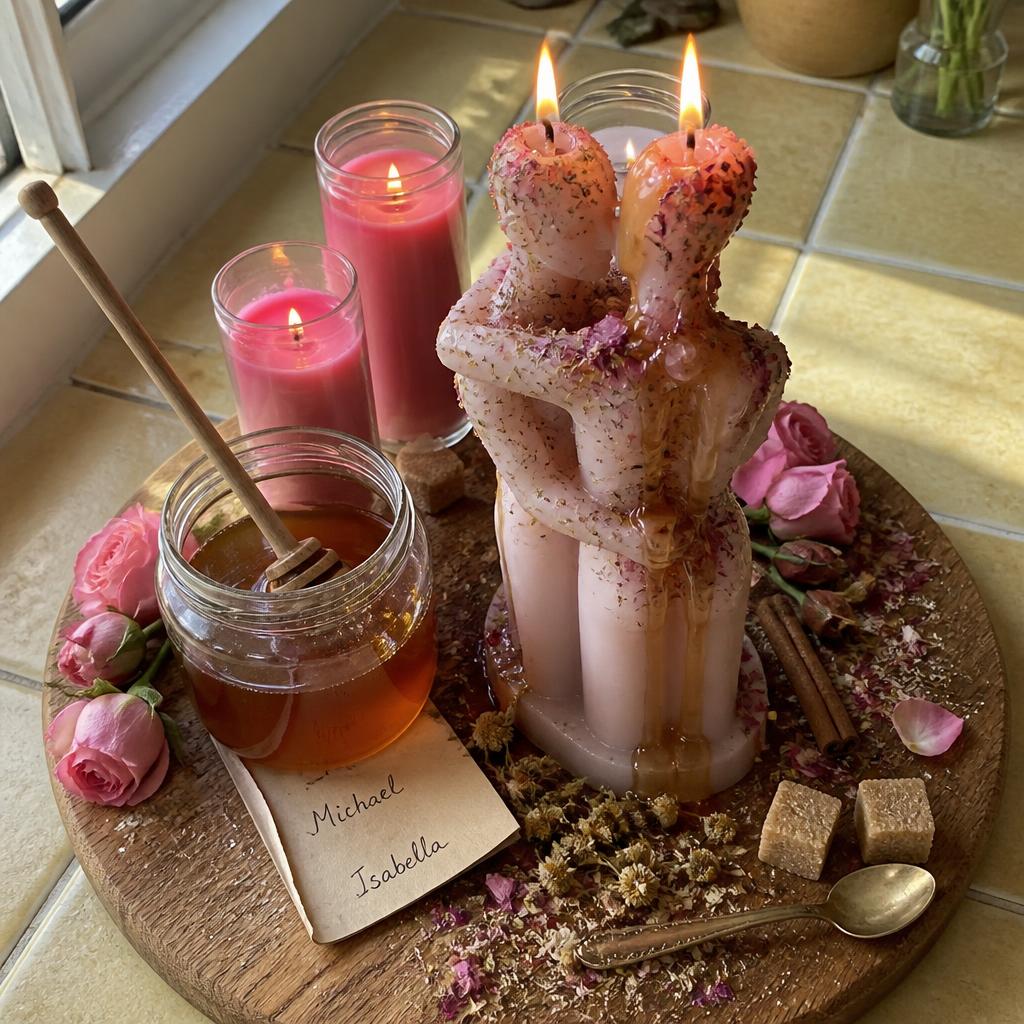 Sweetening jar love spell with pink candle, rose petals, brown sugar, rosemary and cinnamon.