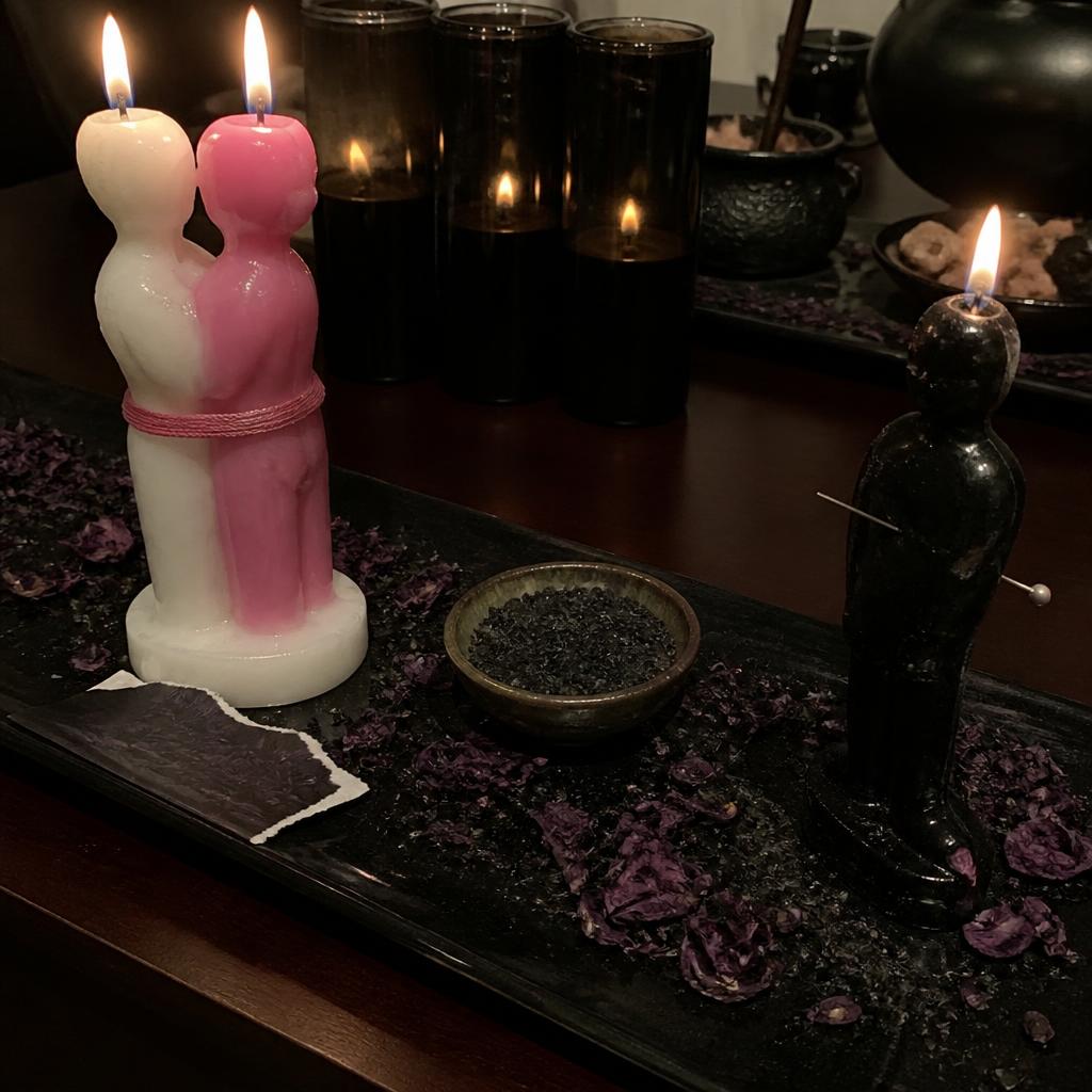Third party removal spell altar with black and white tapers, folded photograph under a river stone, black salt and rue.