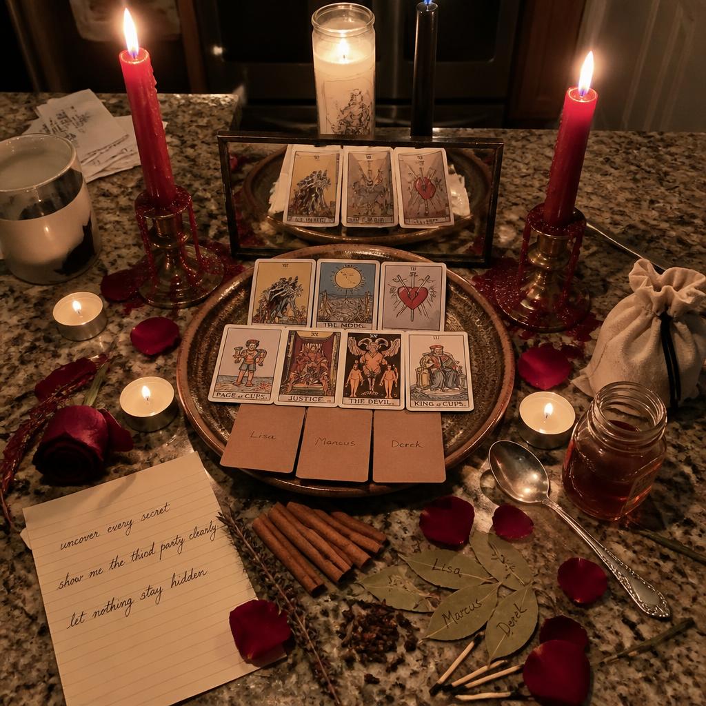 Third party truth tarot reading altar with seven-card spread, face-down photographs, crimson tapers, white vigil, black taper and mirror.