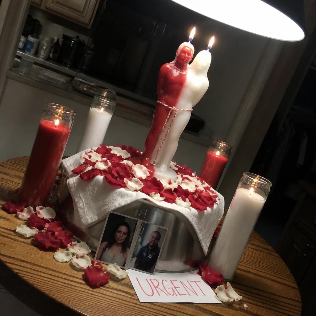 Emergency twin flame reading altar with tarot spread over a couple photograph, crimson tapers, red vigil, herbs and petition.