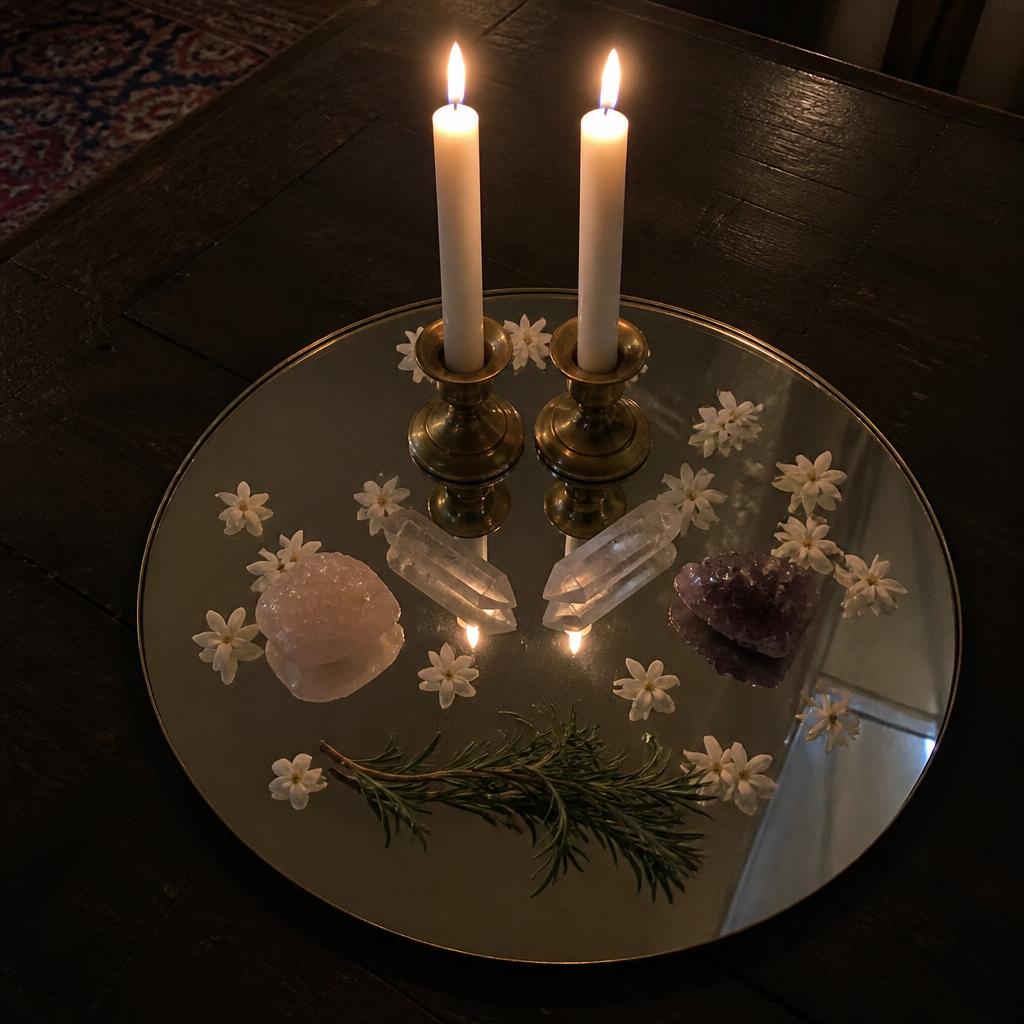 Twin flame altar with paired candles burning together